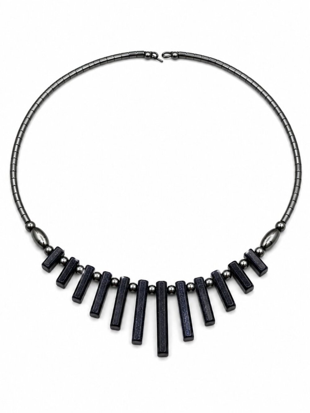 Vintage Black Beaded Fringe Statement Collar Necklace Gunmetal Y2K